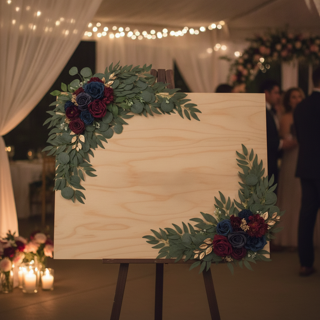 Navy and burgundy floral swags on a wooden wedding welcome sign