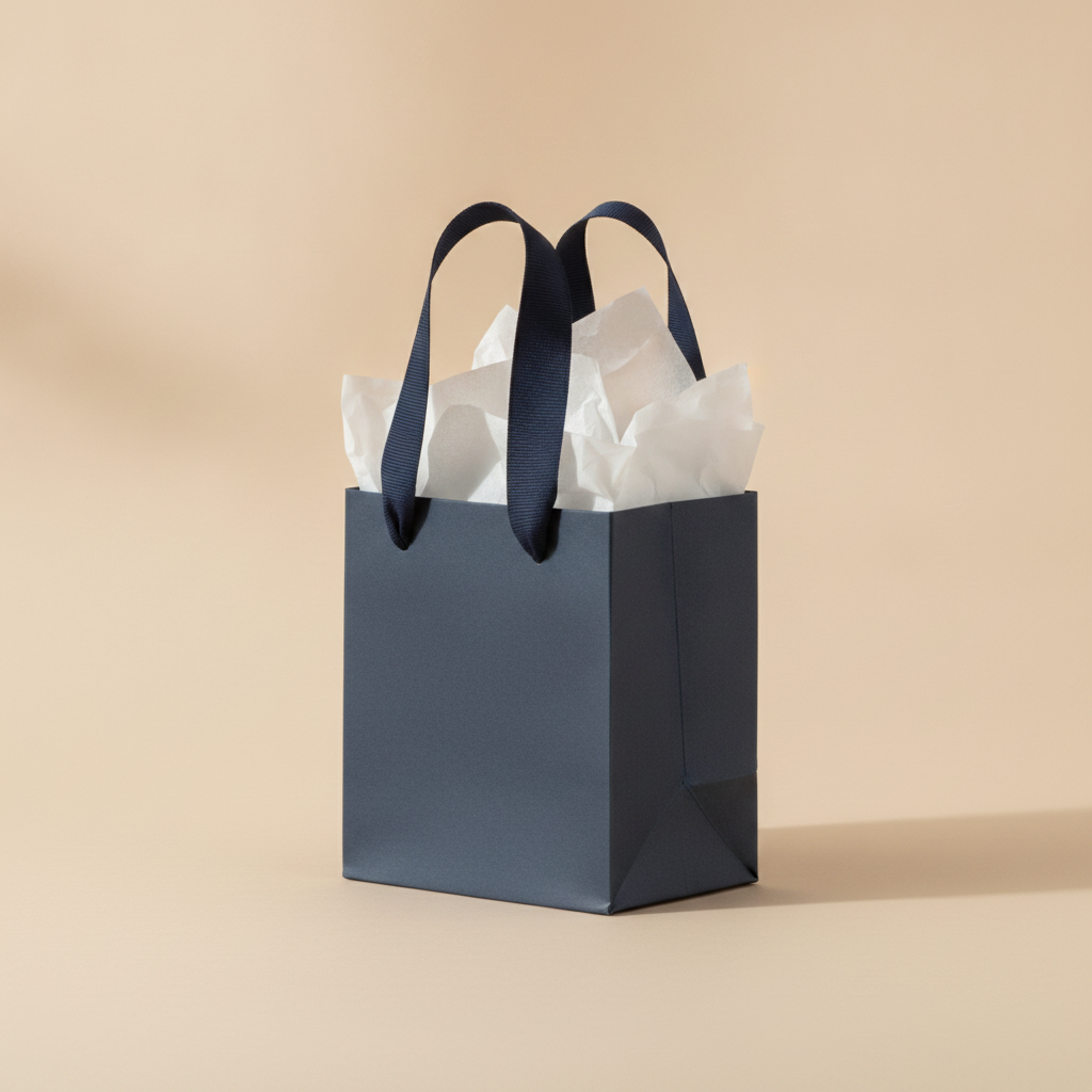 Single open navy blue kraft gift bag with ribbon handles and tissue