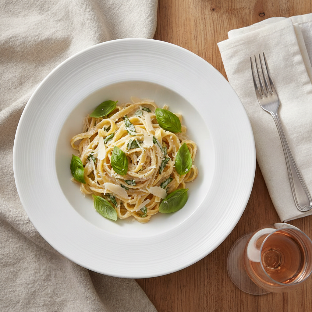 White porcelain pasta bowl filled with tagliatelle and basil on a set table