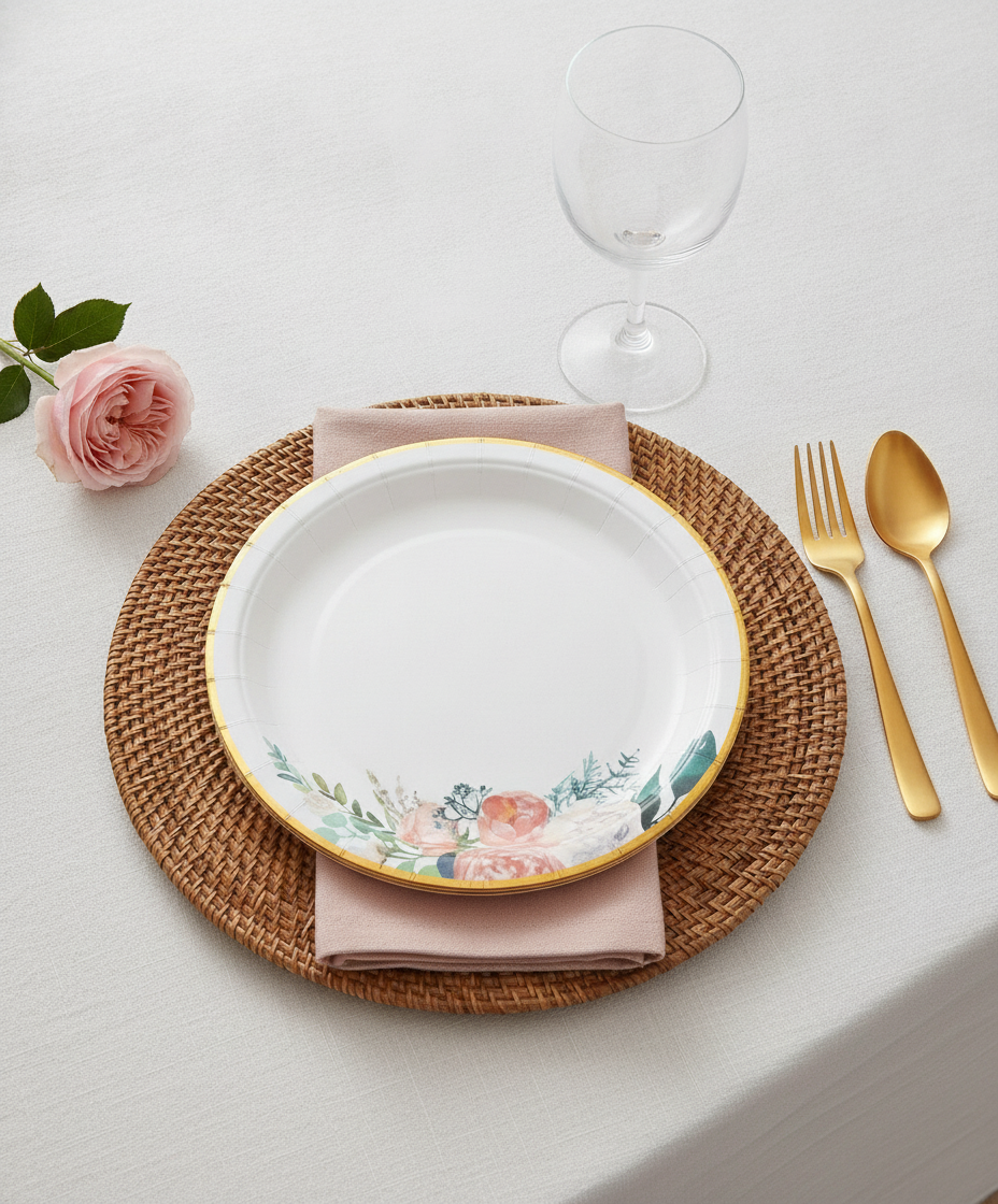 Peach floral disposable paper party plate romantic place setting with rattan charger and gold cutlery
