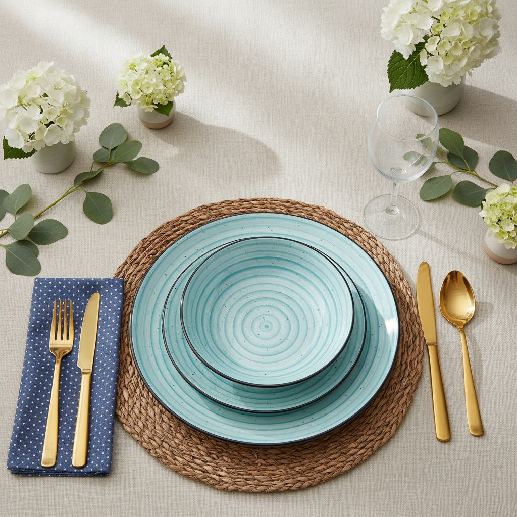 Blue polka-dot stoneware salad plate place setting on a modern tablescape