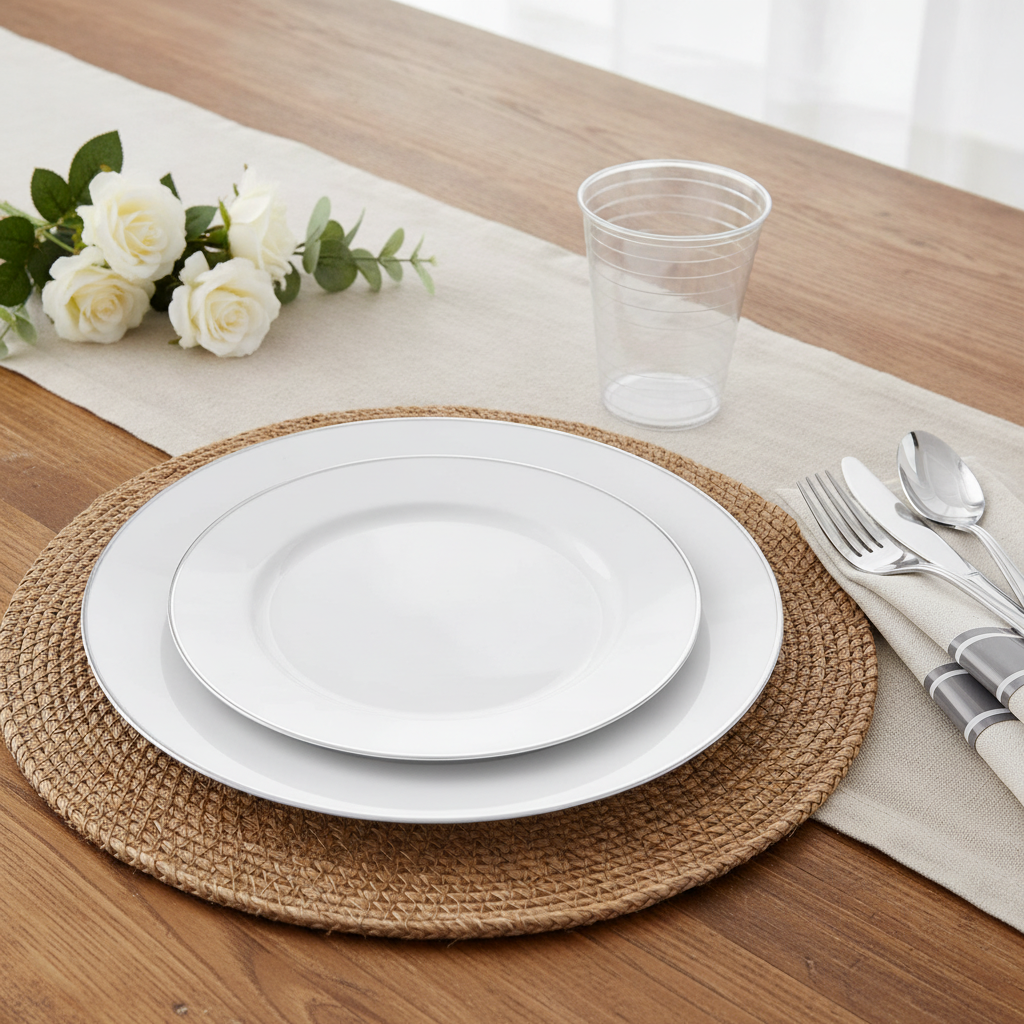 Silver disposable plastic dinnerware set place setting — white silver-rim plates, clear plastic cup, silver flatware
