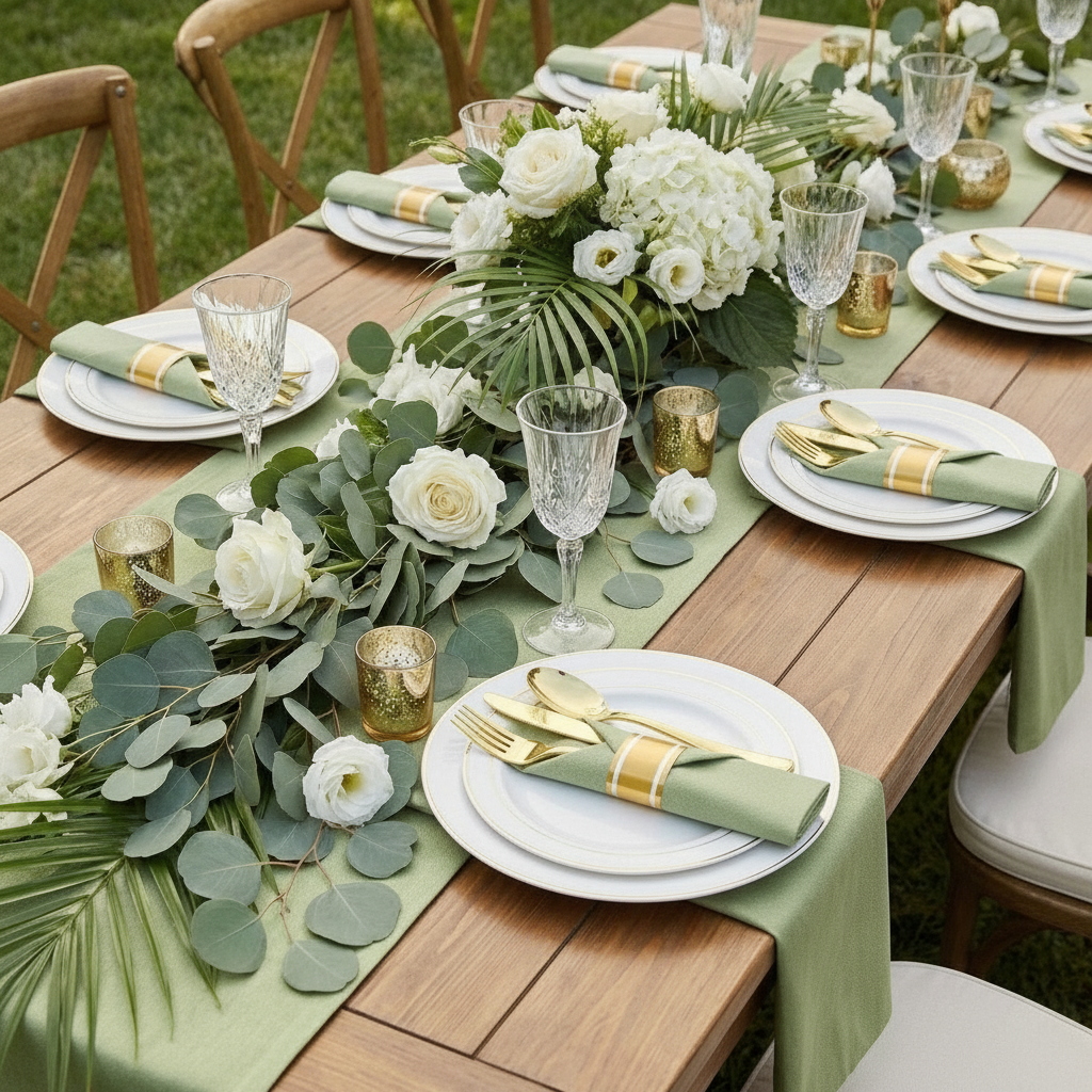 Garden party table set with pre-rolled gold cutlery green napkins white florals and candles