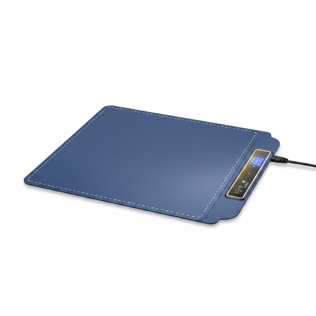 Blue electric silicone food-warming mat with digital control panel on white background