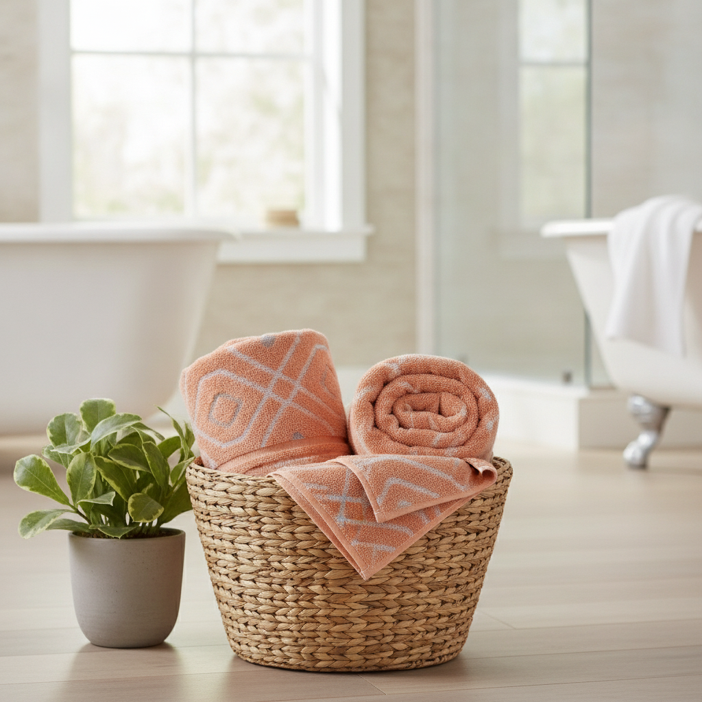 Rolled coral cotton bath towels in a woven basket in a bright spa bathroom