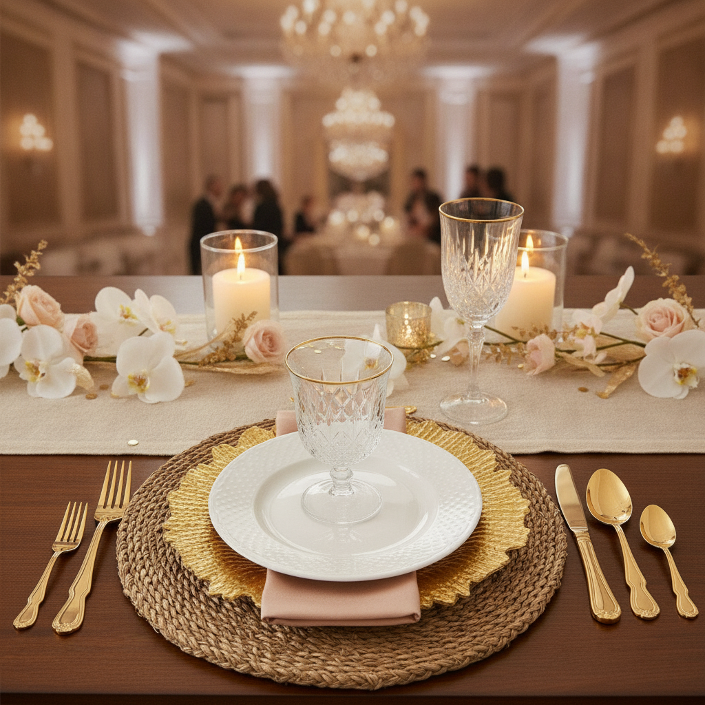Banquet place setting built on a gold ruffled-reef charger with orchids