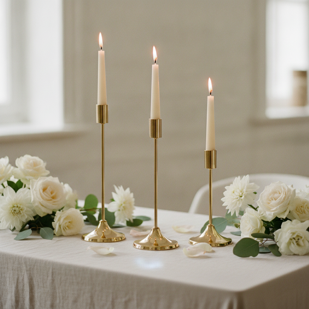 Nozze gold taper candlesticks styled with white roses and eucalyptus as a wedding centrepiece