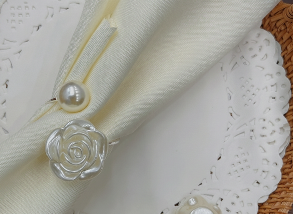 Close-up of a white rose and pearl napkin ring on a cream napkin