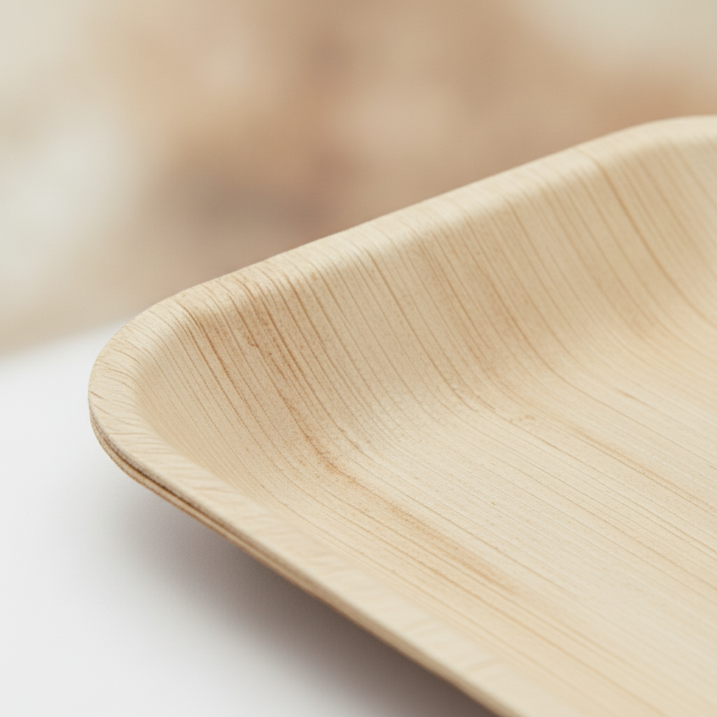 Macro close-up of a pressed palm leaf plate corner and rim showing natural leaf grain texture