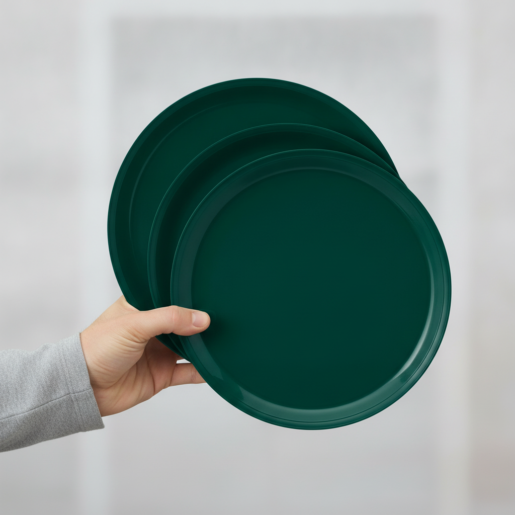 Stack of heavyweight forest green disposable plastic party plates held in one hand