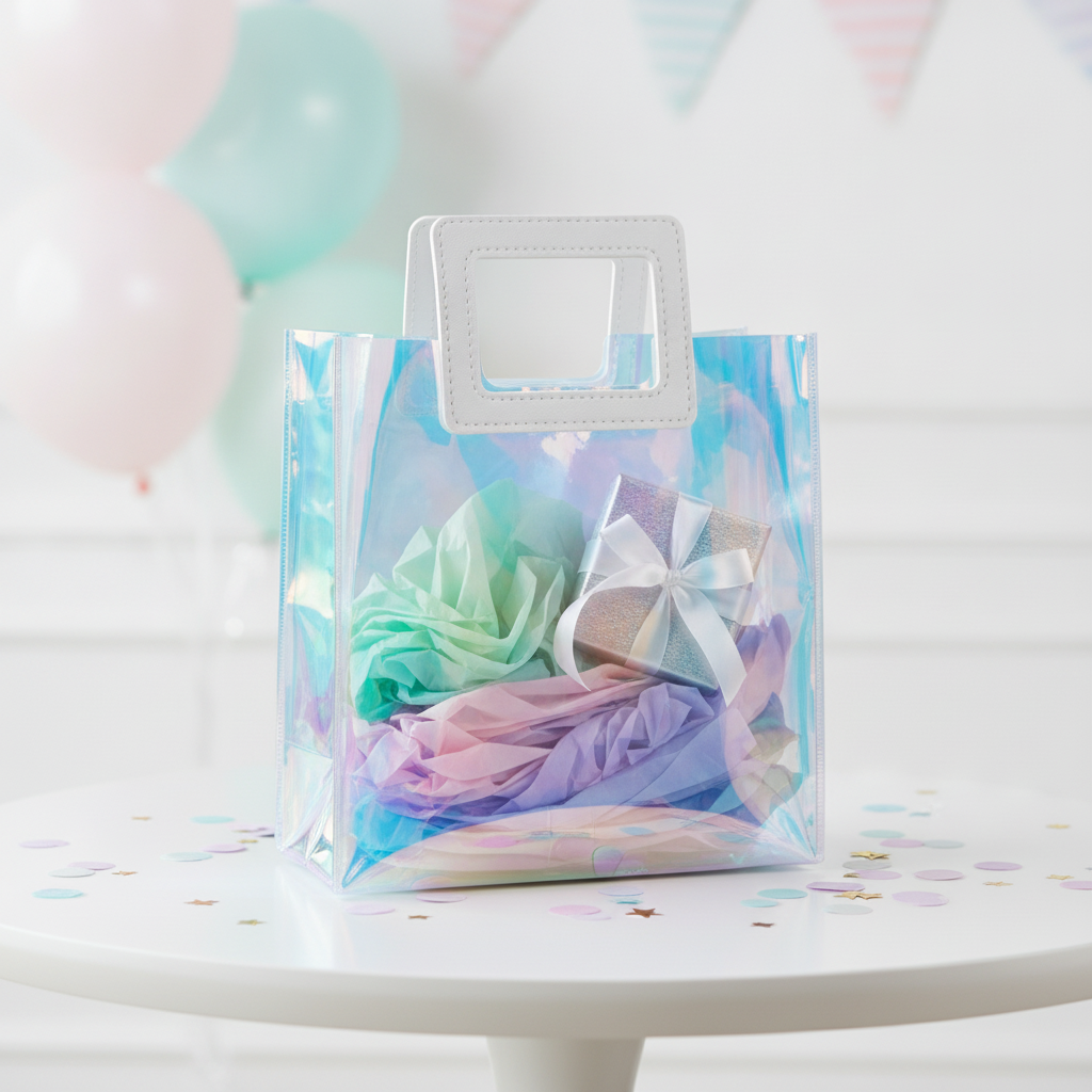 Iridescent holographic gift tote filled with tissue and a gift at a party
