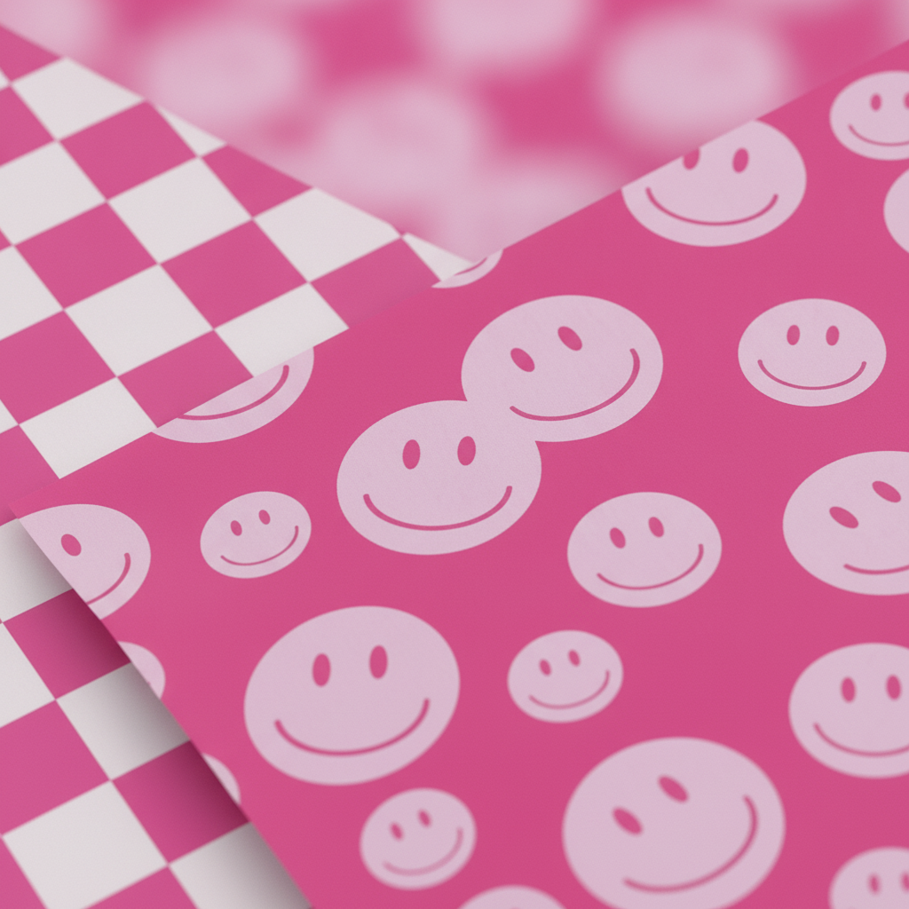 Macro detail of pink preppy wrapping paper showing hot-pink smiley faces and checkerboard print