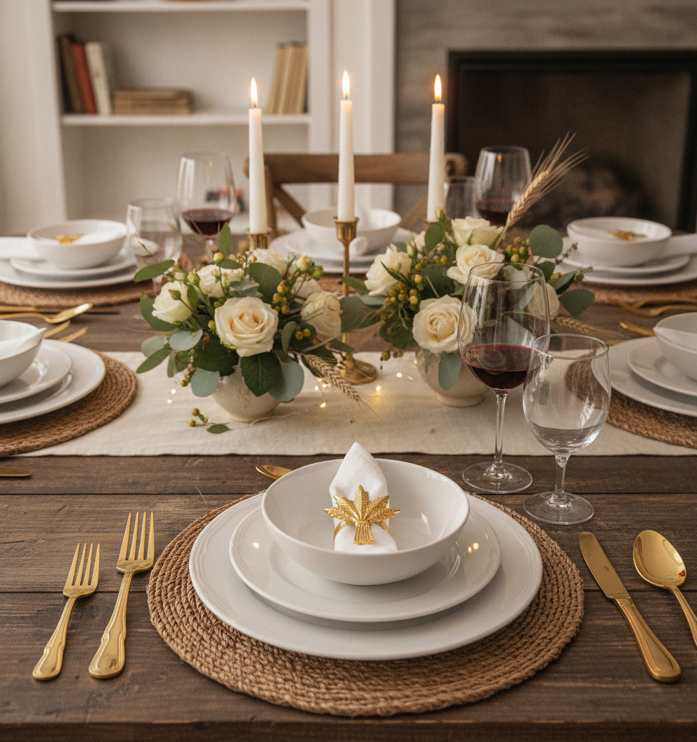 Harvest tablescape styled with golden wheat napkin rings