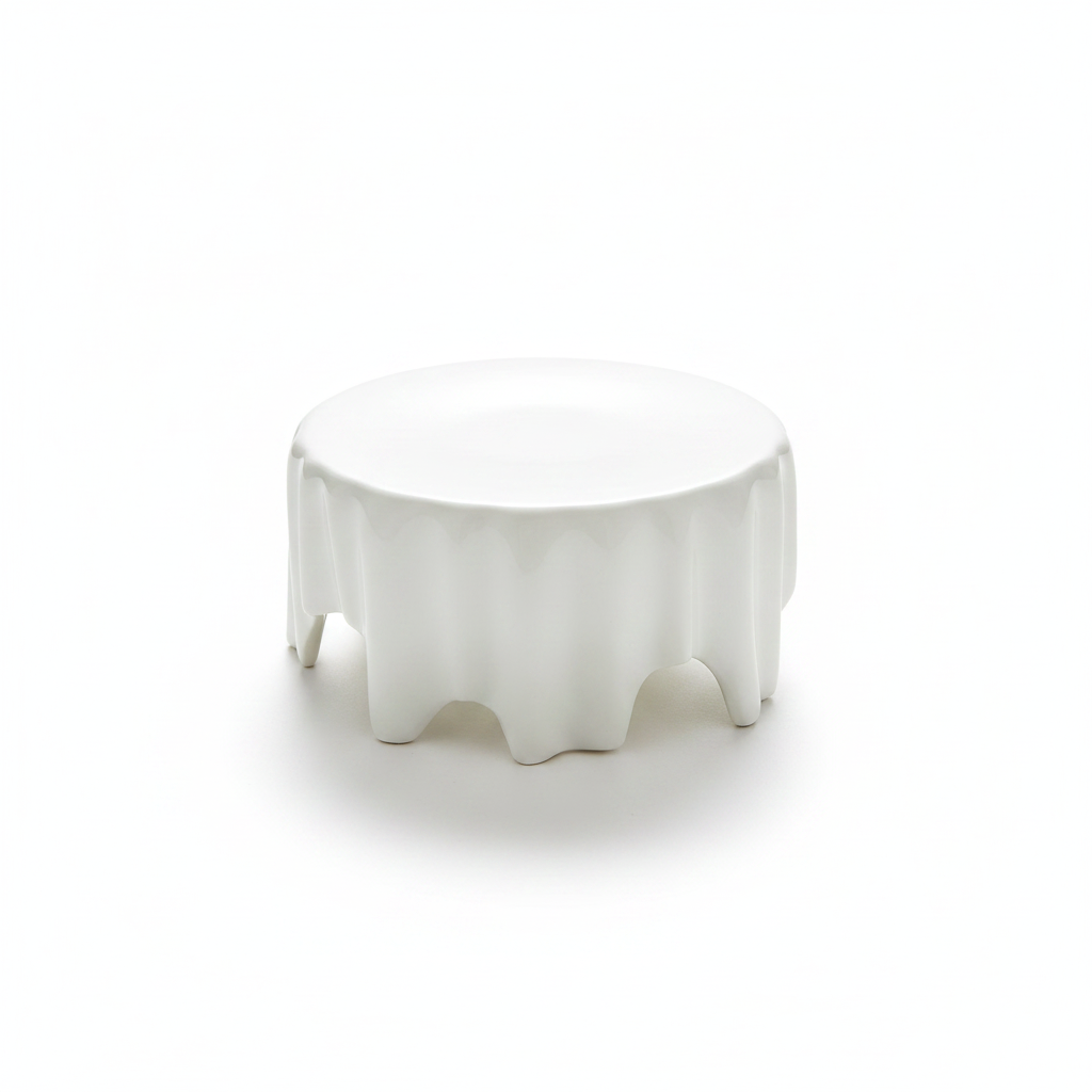 Cascata white glazed ceramic tall serving riser with organic molten dripping edge, studio white background
