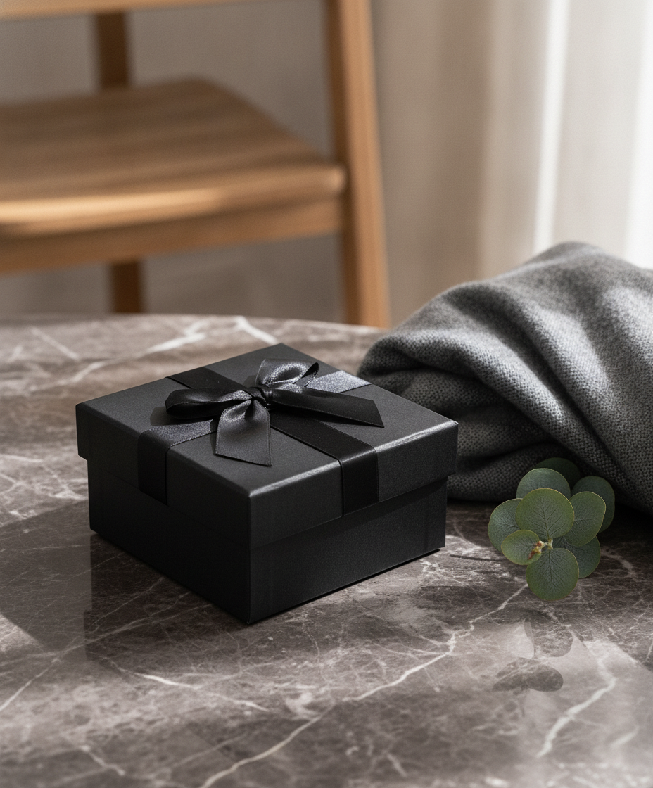 Single closed black gift box with ribbon bow styled on a marble surface