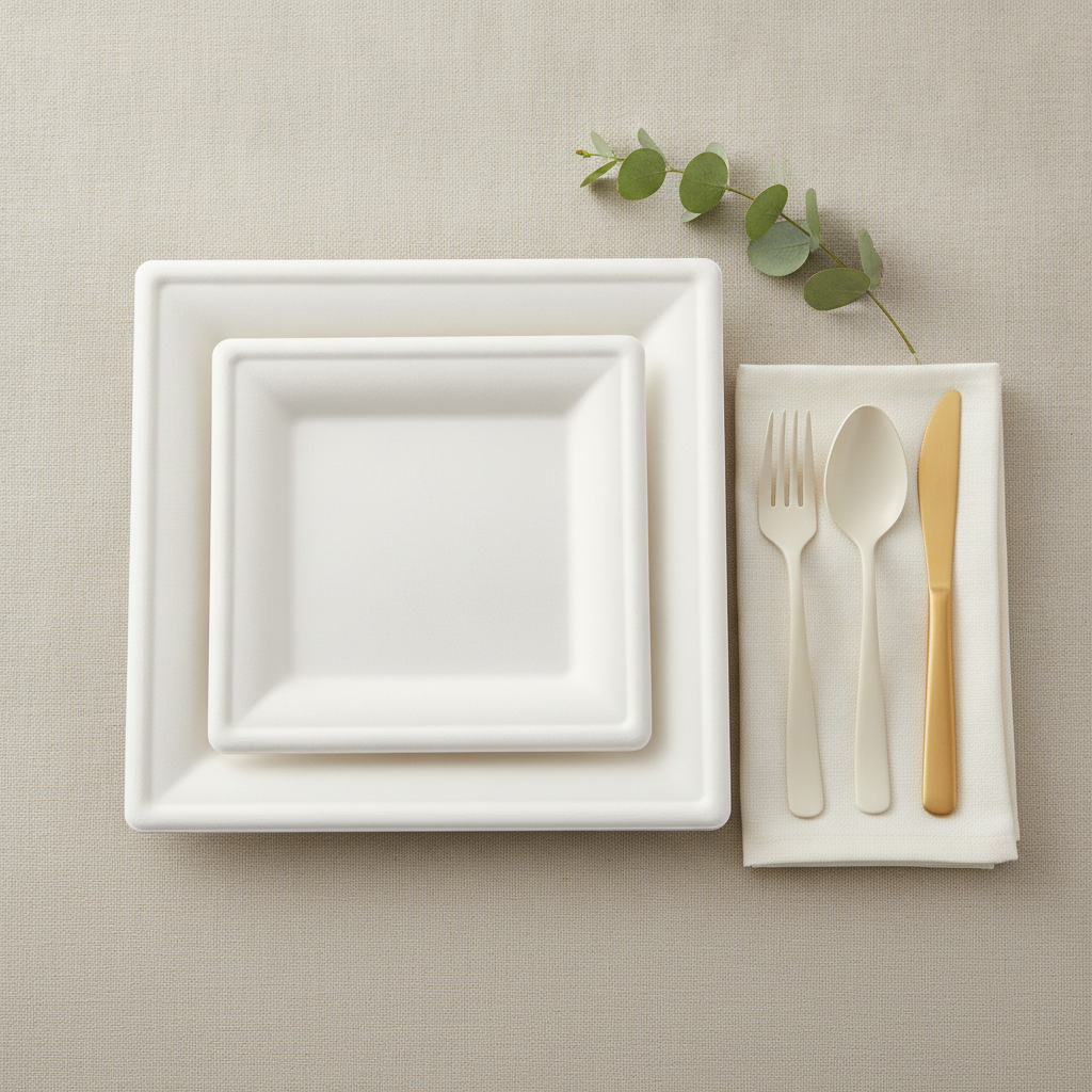 Overhead flat-lay of stacked white square bagasse plates with cutlery and napkins