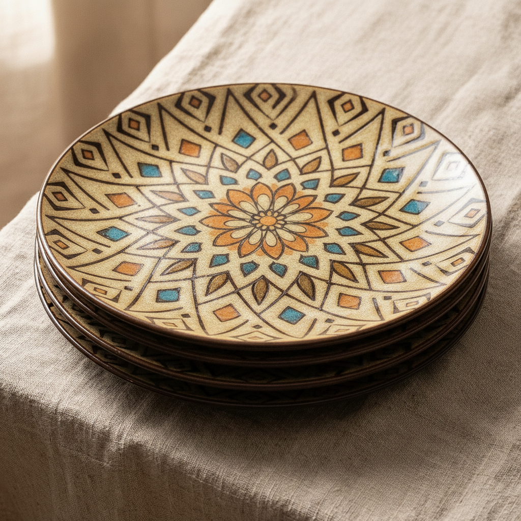 Stack of orange and turquoise Moroccan mandala porcelain plates showing the glossy painted faces
