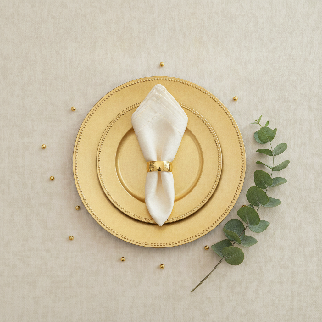 Overhead flat-lay of gold charger plates napkin rings and white napkins