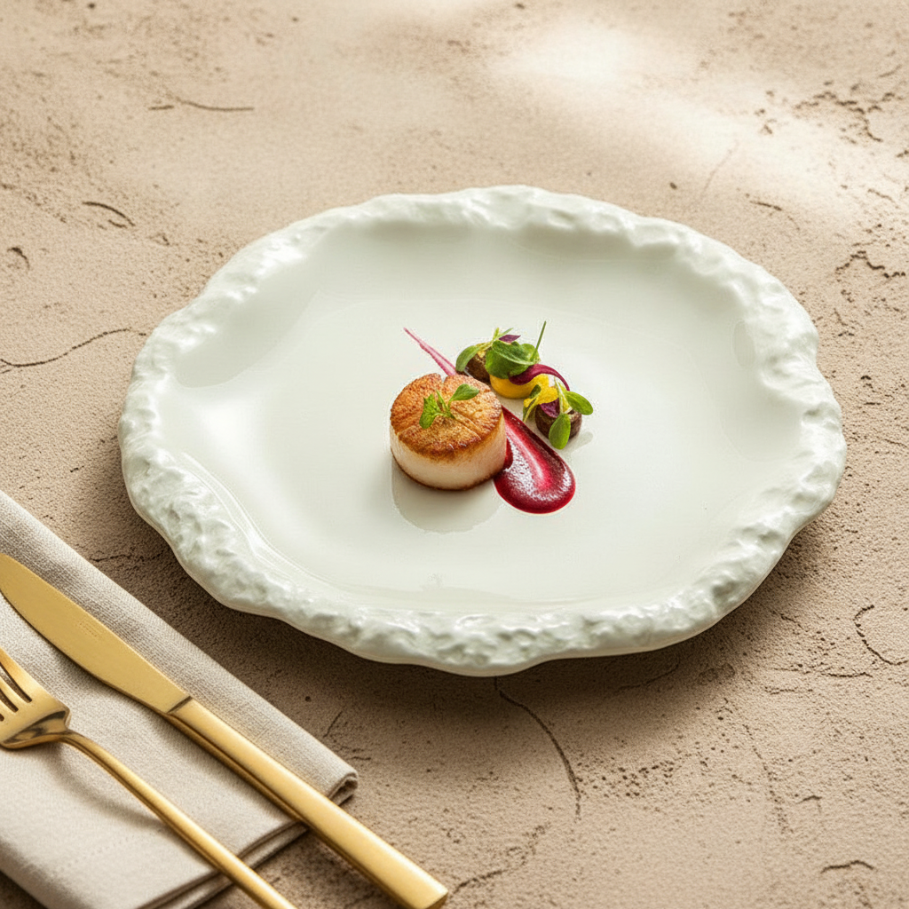 Crosta pinched-rim ceramic plate with a fine-dining gourmet course plated in the center