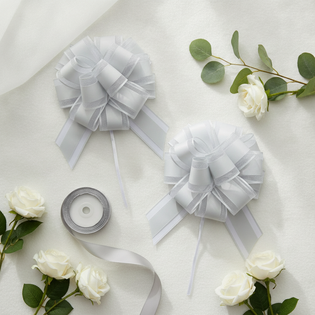 Overhead flat-lay of silver pull bows with eucalyptus and roses
