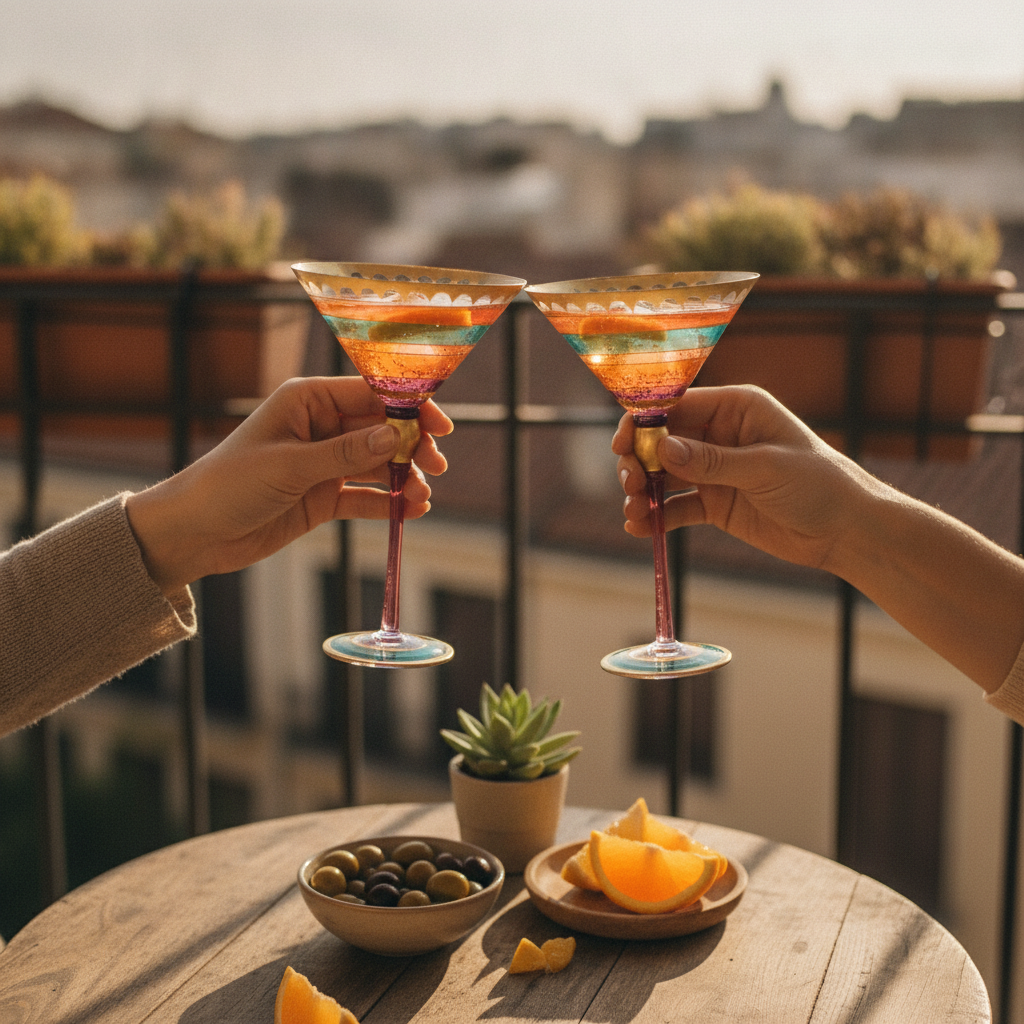 Two colourful goblets raised in a toast with spritz cocktails on a sunny terrace
