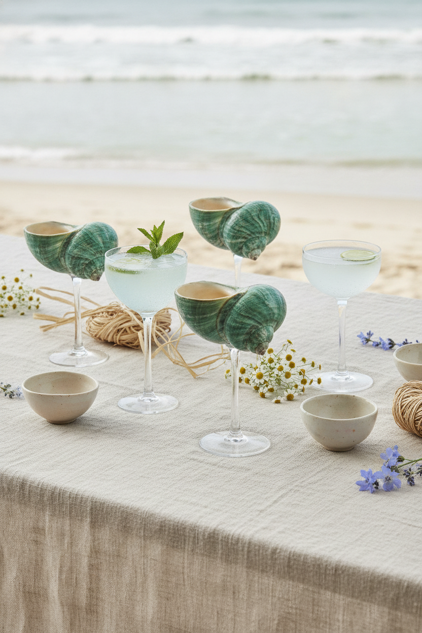 Four green shell goblets styled on a summer coastal table with linen and wildflowers