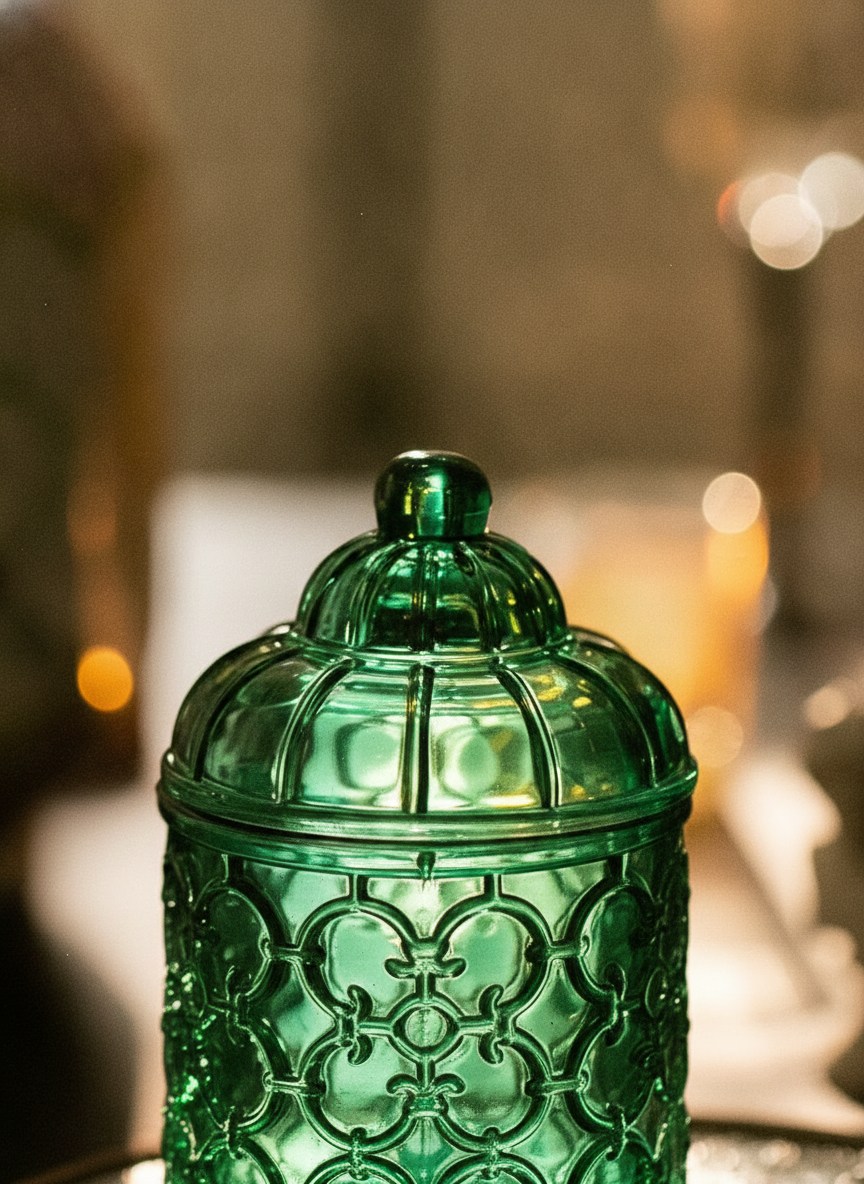 Close-up of the domed ribbed lid, finial knob and quatrefoil lattice embossing