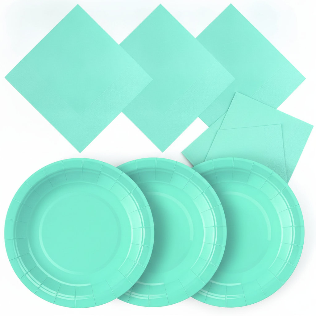 Mint green disposable paper plates and folded cocktail napkins, brand-free product shot