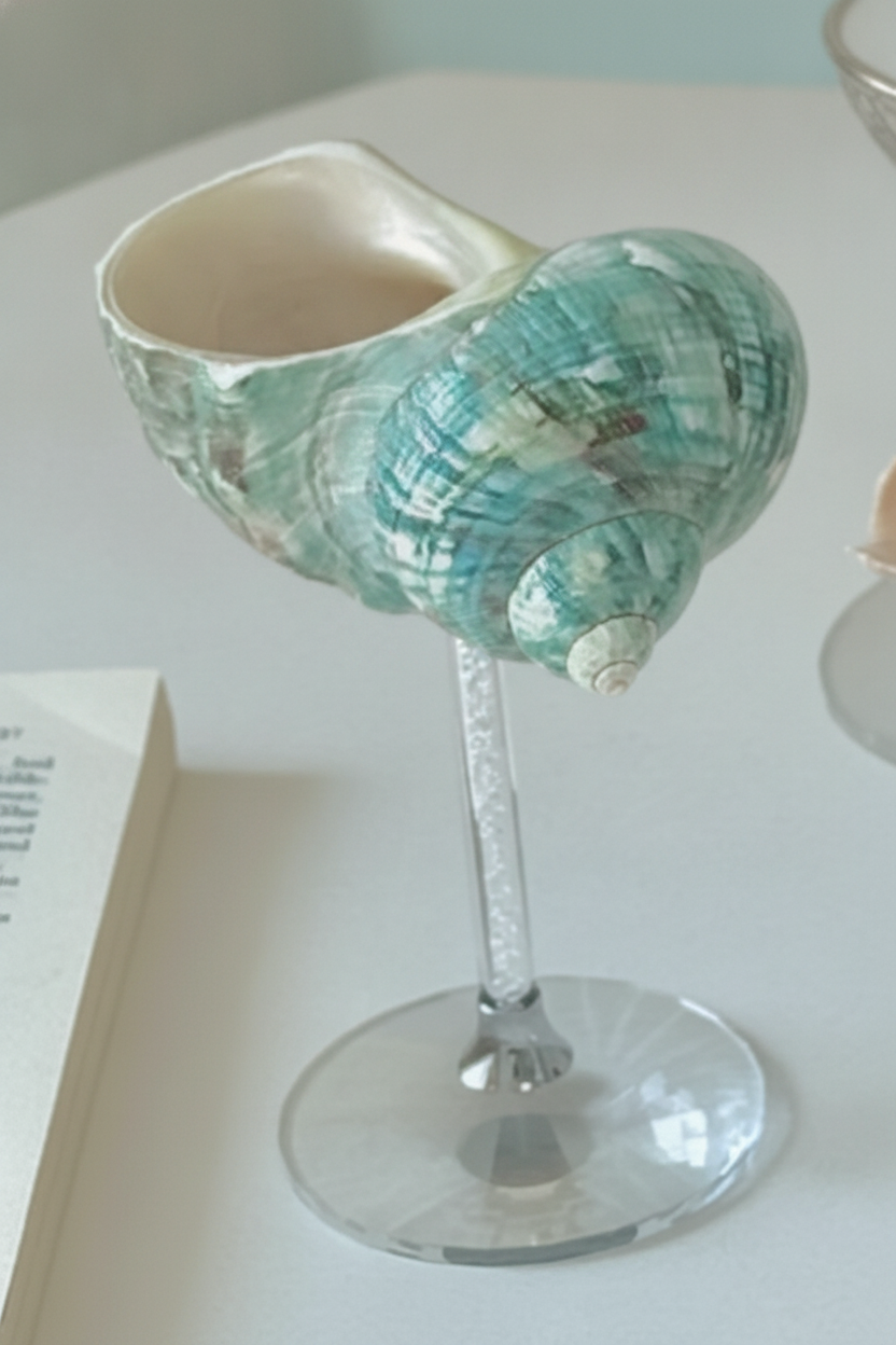 Macro of the pearly iridescent green shell cup meeting the clear faceted glass stem