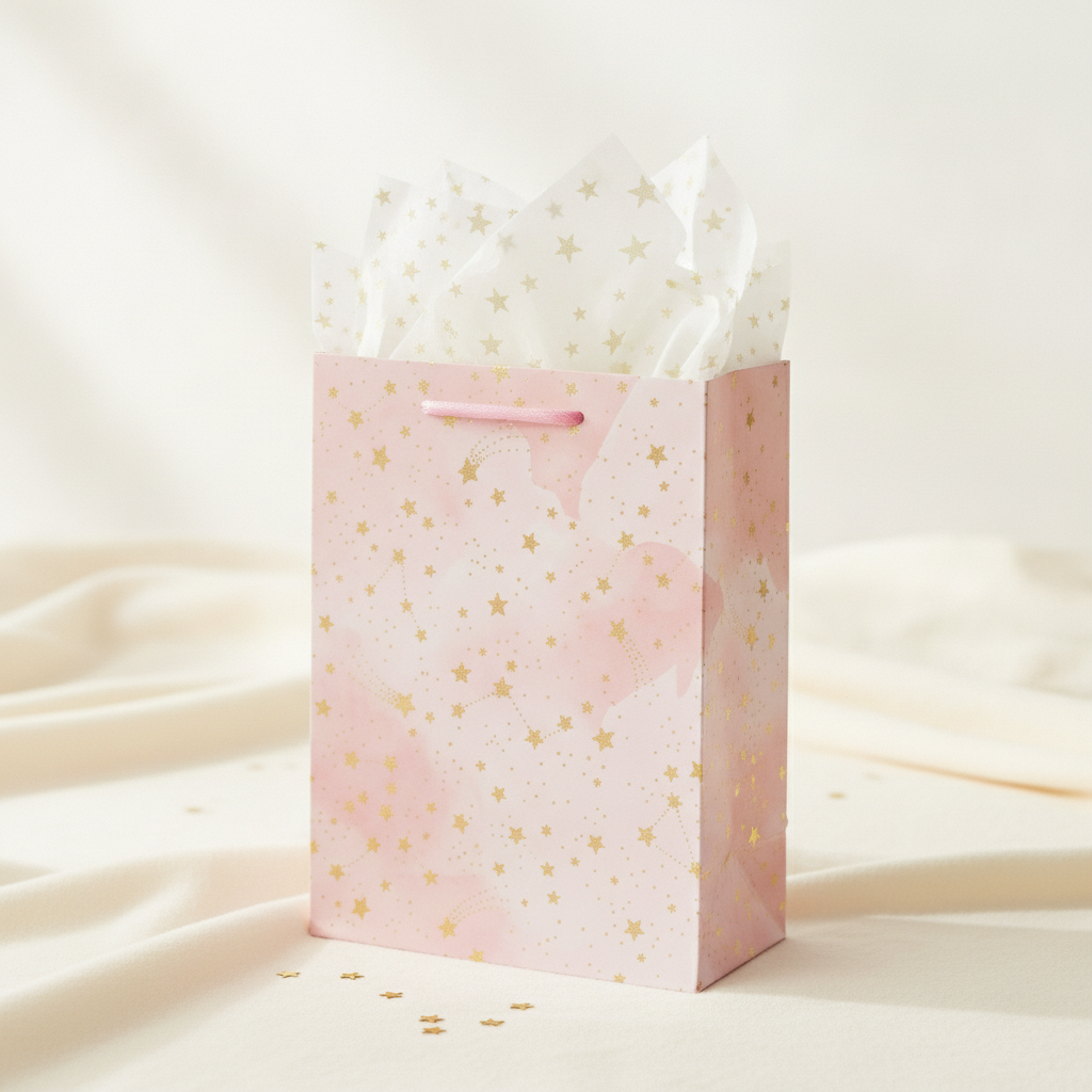 Pastel pink watercolor star gift bag with gold stars and tissue paper