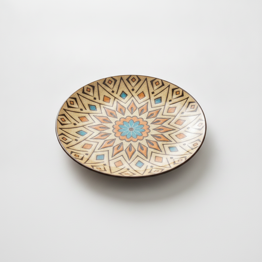 Orange and turquoise Moroccan mandala porcelain plate on a clean white studio background