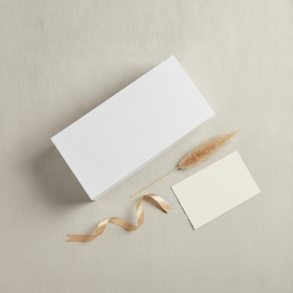 Overhead flat-lay of the white magnetic gift box with gold ribbon and blank card