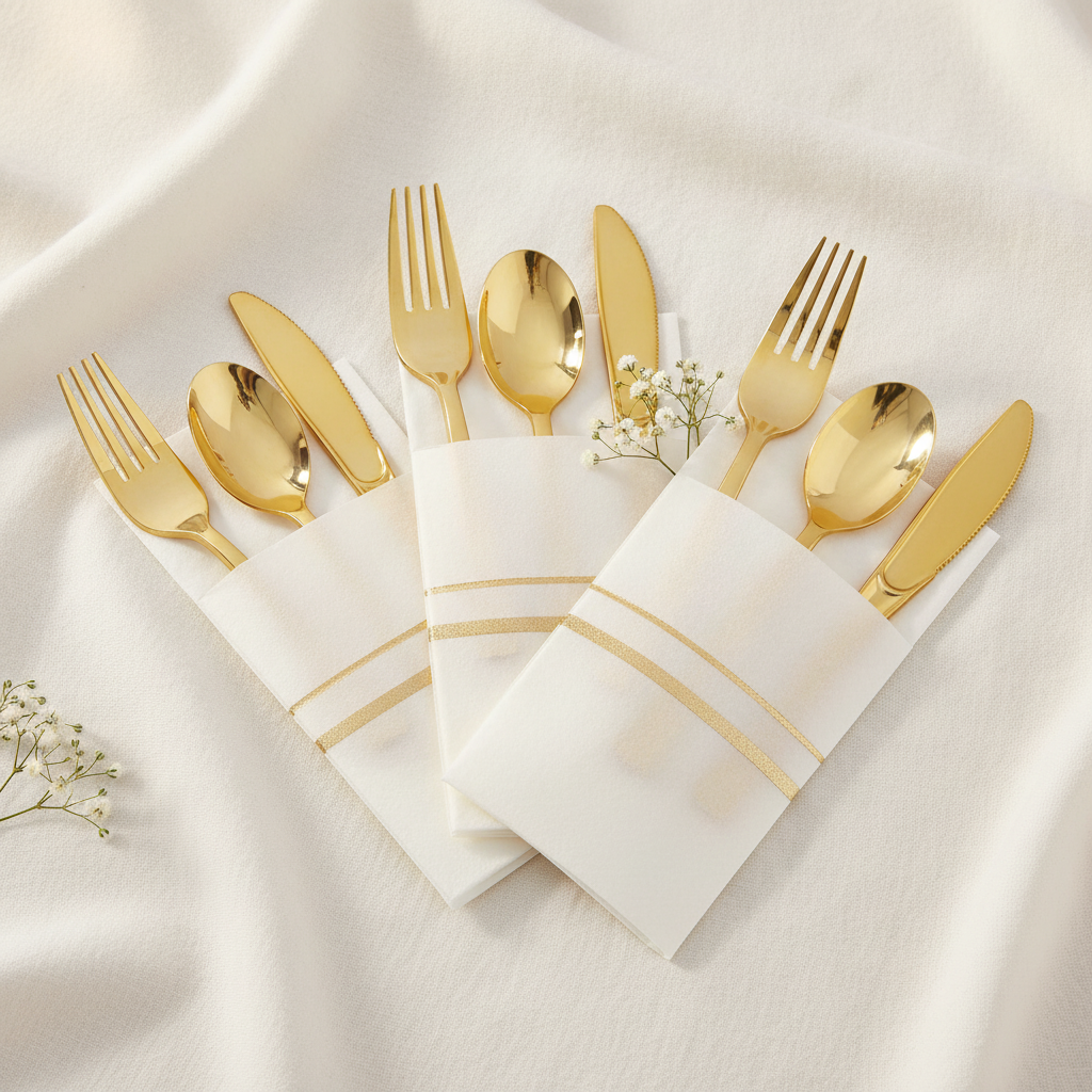 Fan of pre-rolled white-napkin gold cutlery bundles with baby's breath