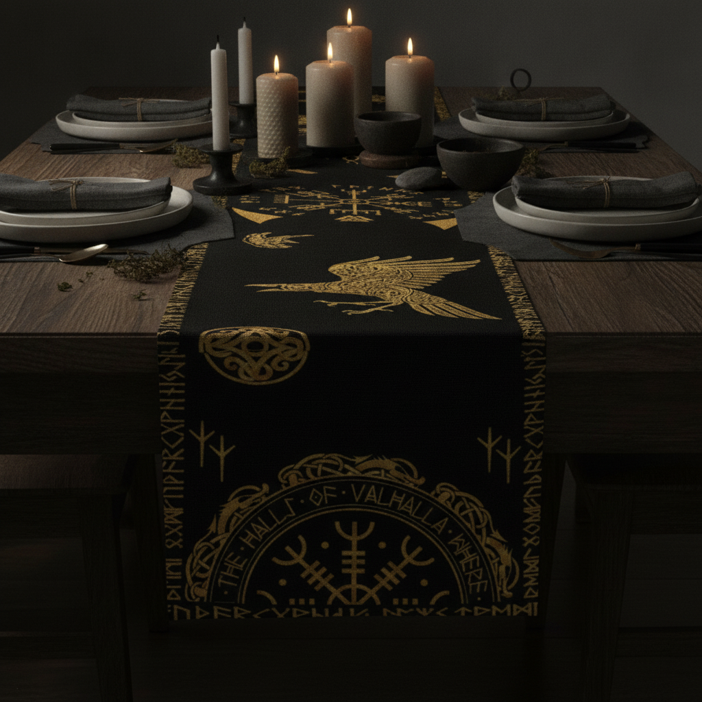 Norse Viking table runner styled down the center of a candlelit dining table