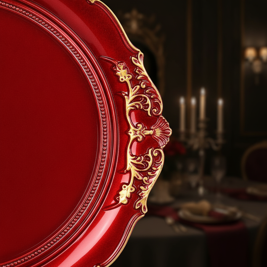 Macro detail of the ornate gold-accented embossed scrollwork rim on a deep-red charger plate