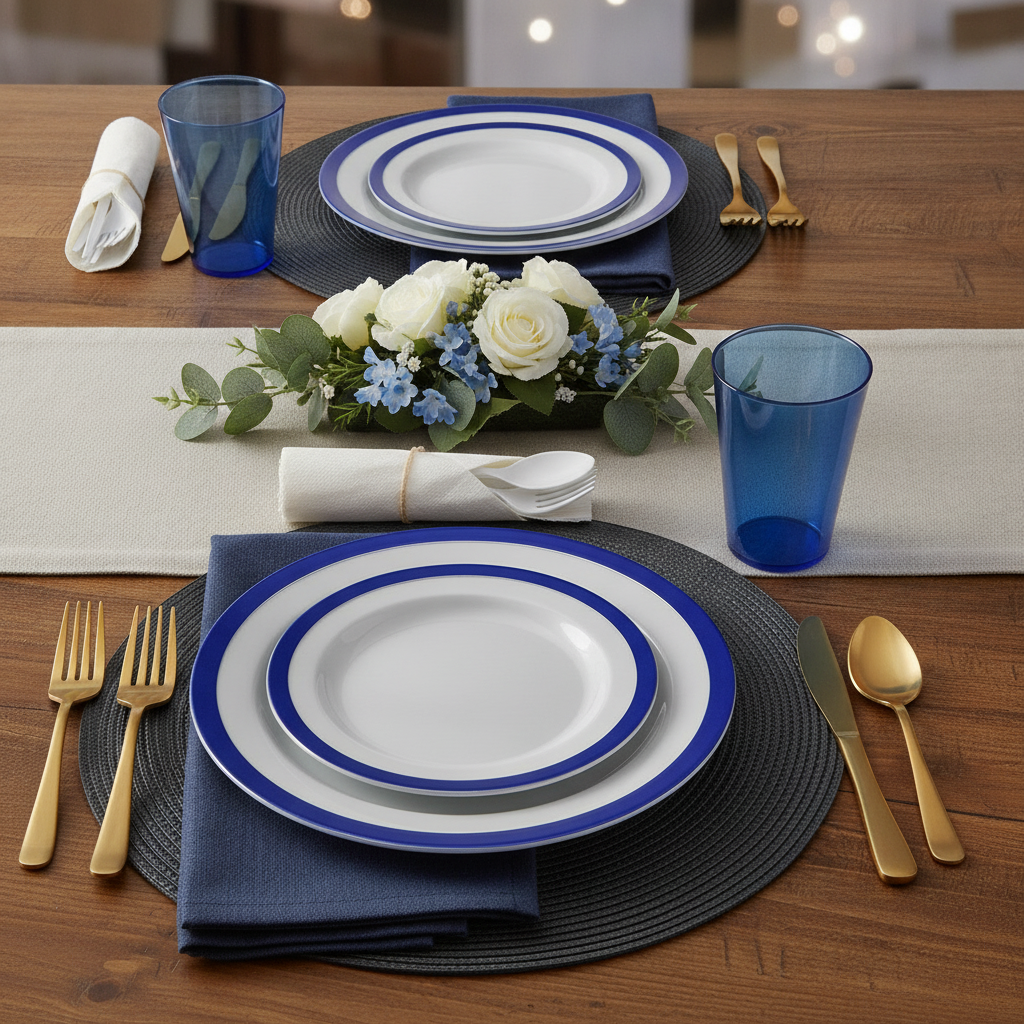 Party table set with clear and blue-rim disposable dinnerware