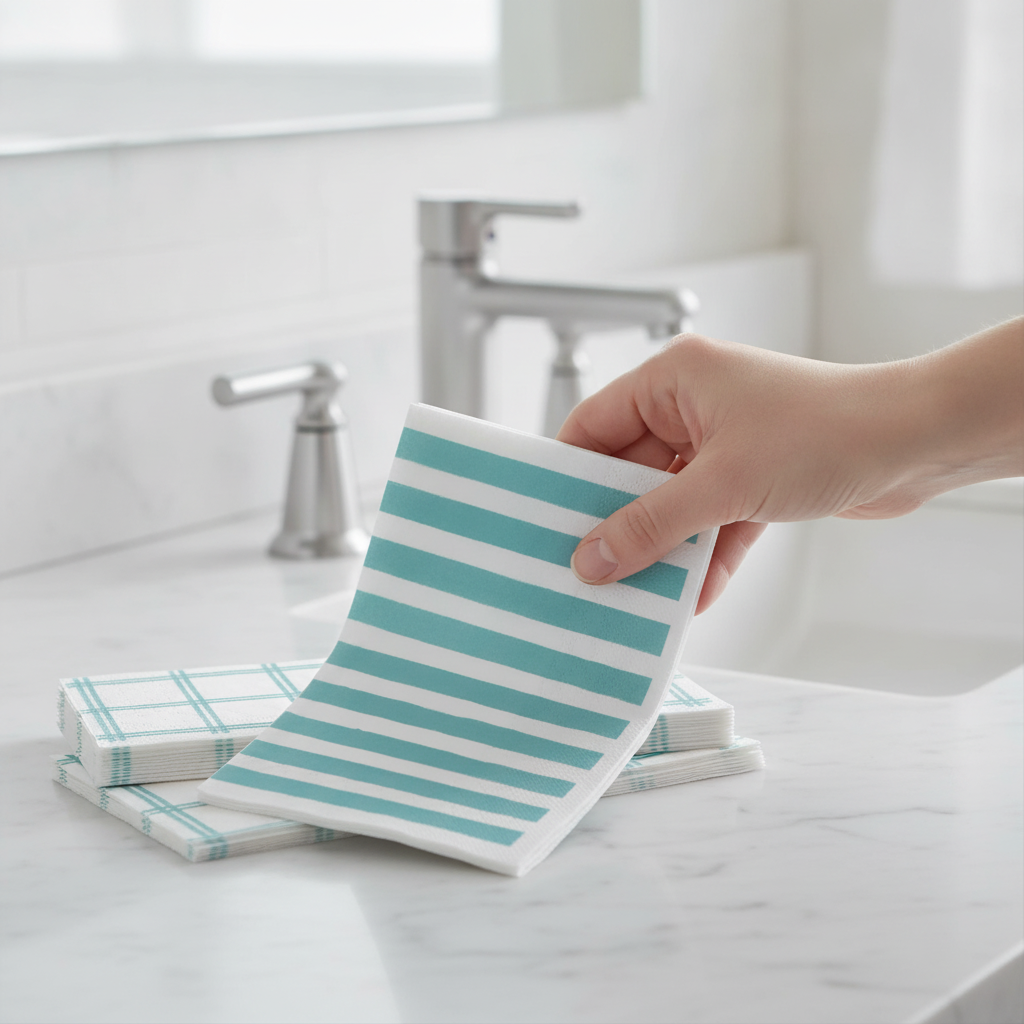 Hand picking up a disposable paper guest hand towel from a stack on a bathroom vanity