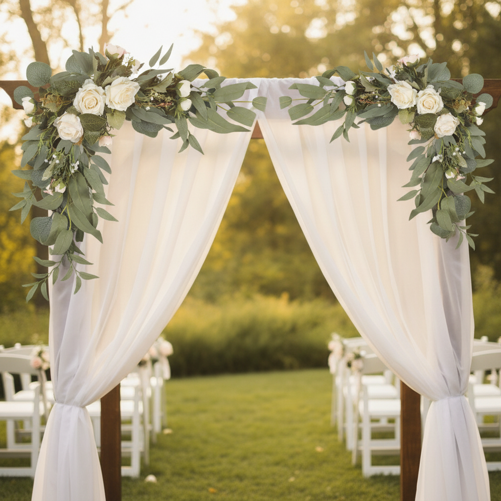 White rose swags draped on a wedding ceremony arch with white drapery