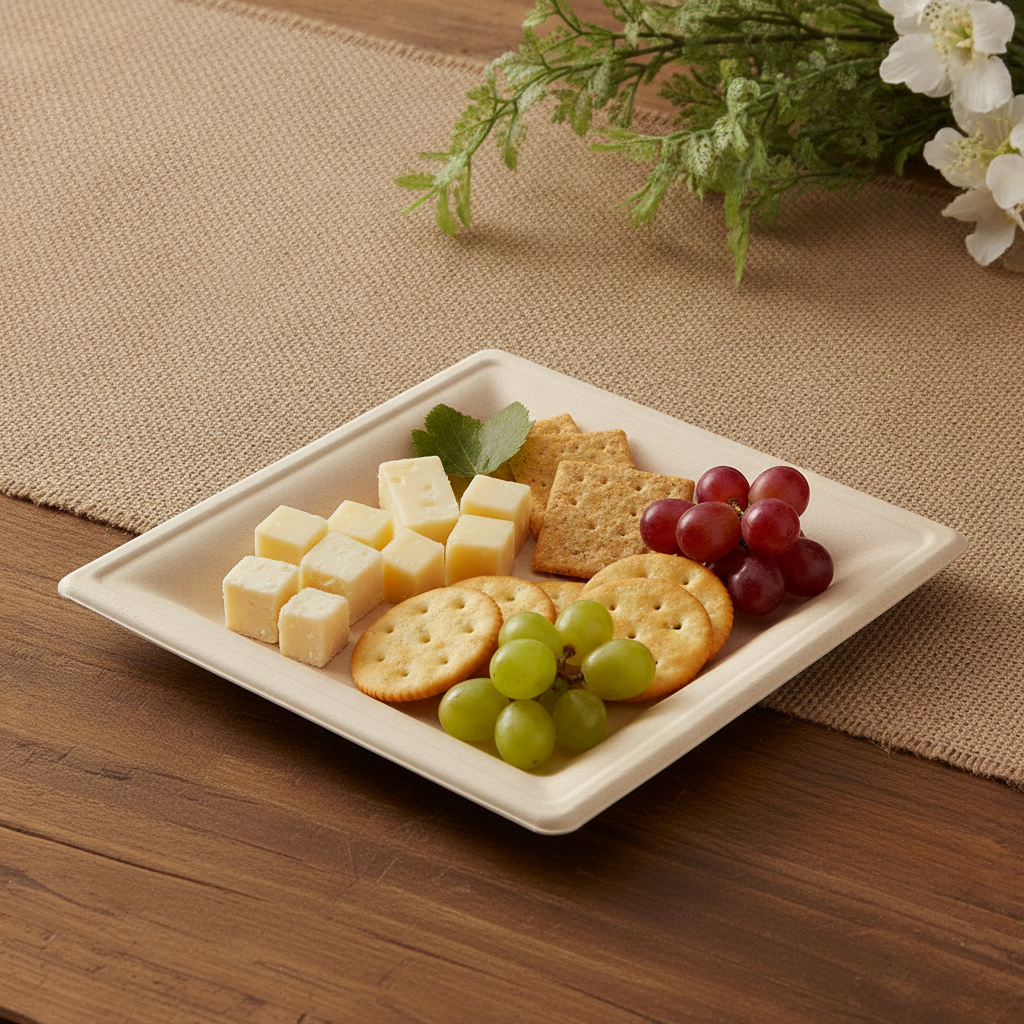 Square bagasse plate with cheese and crackers on a rustic linen runner