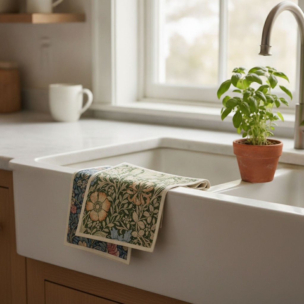 Vintage floral cotton dishcloths draped over a farmhouse sink