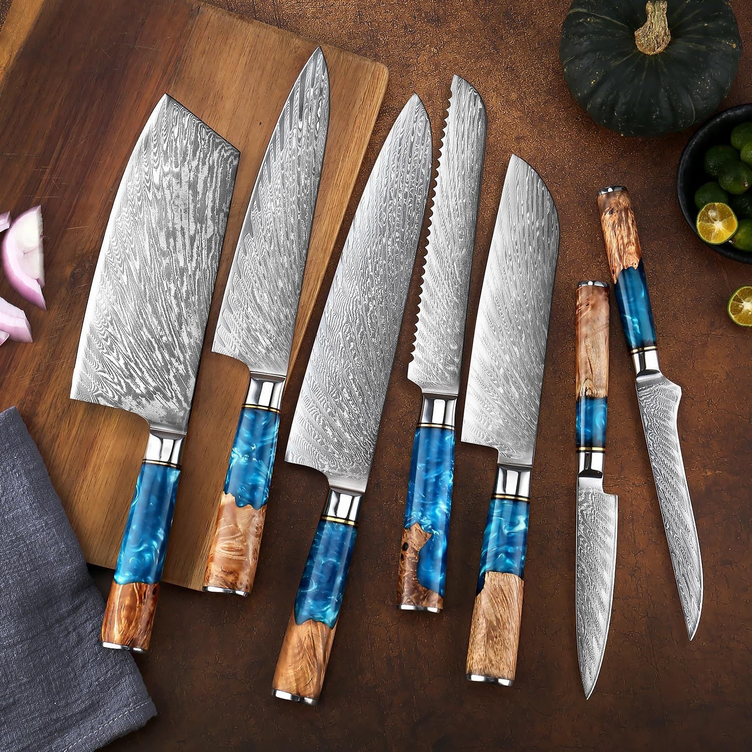 Damascus Pattern Steel Chef Knife & 7-Piece Set