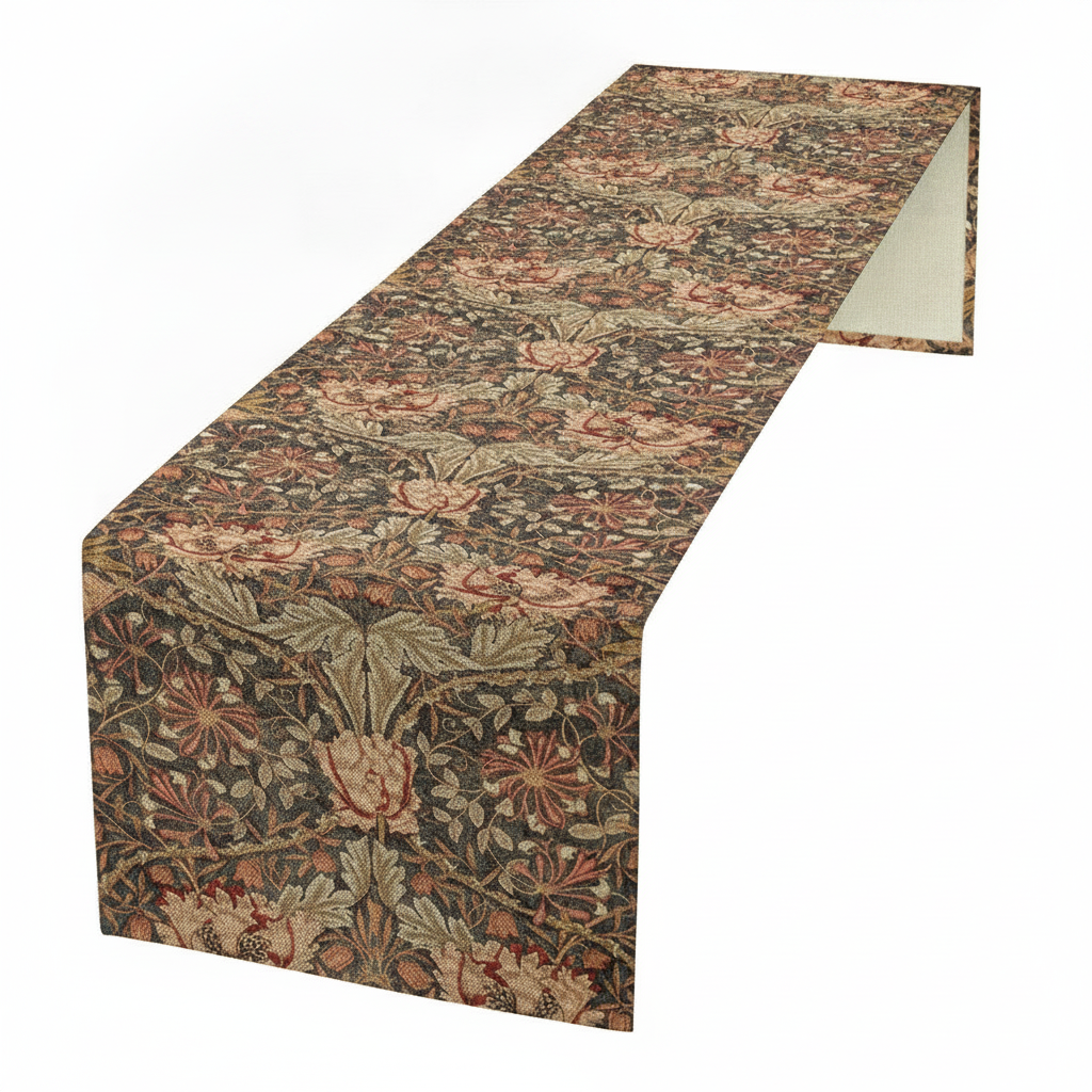 Charcoal vintage honeysuckle floral table runner in terracotta and sage, draped on white