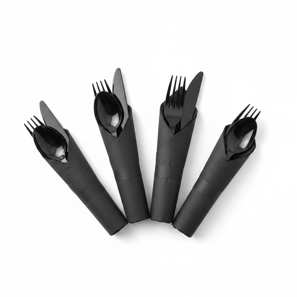 Pre-rolled black plastic cutlery wrapped in black napkins fanned on white