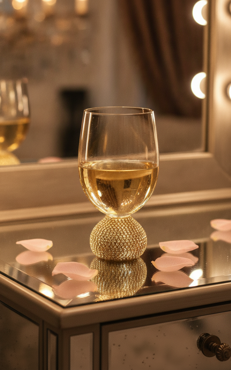 Amber crystal glass with sparkling gold rhinestone base filled with white wine