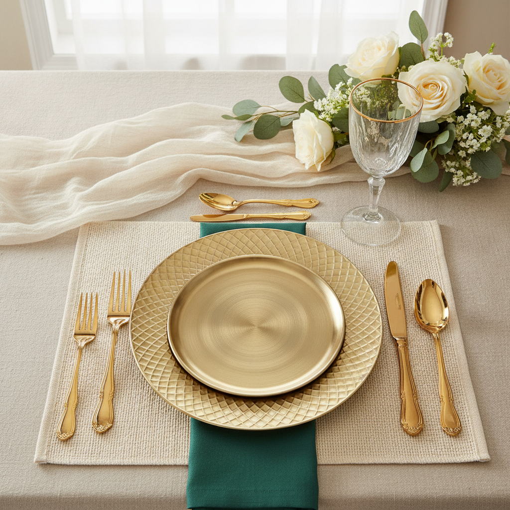 Antique gold charger plates set on a woven placemat with gold flatware, green napkin, goblet and white roses in an elegant wedding tablescape