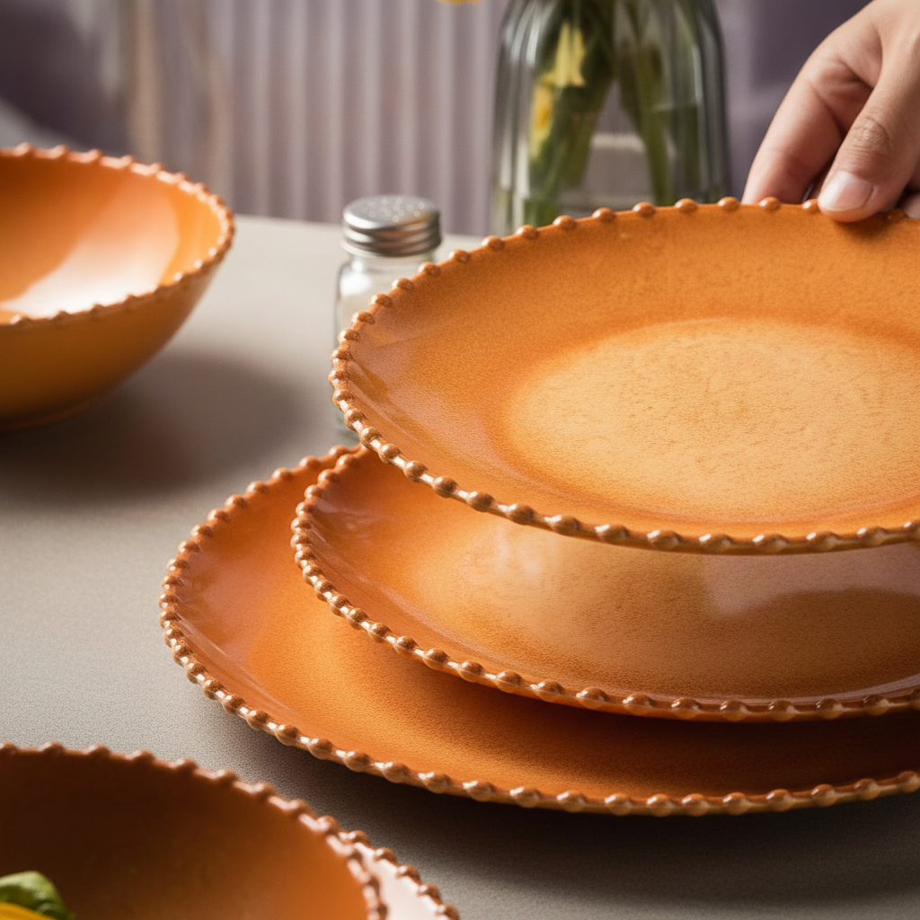 Close-up of the raised beaded pearl rim and mottled terracotta satin finish of the melamine set