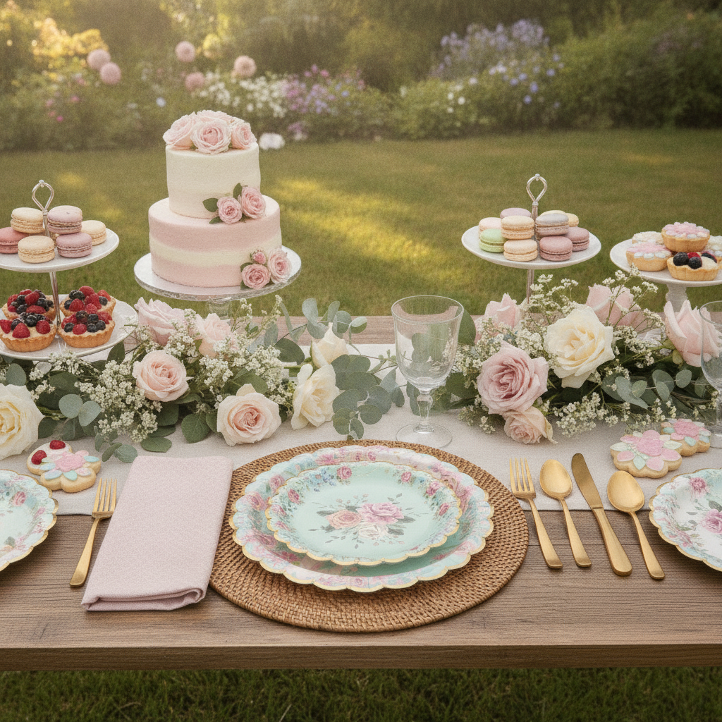 Garden tea-party dessert table with vintage floral gold-rim scalloped paper plates