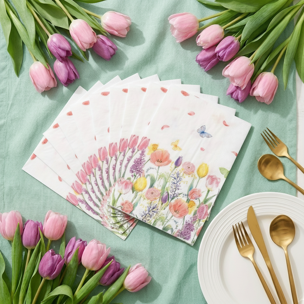 Fanned rectangular tulip spring paper guest napkins showing the watercolor spring floral print