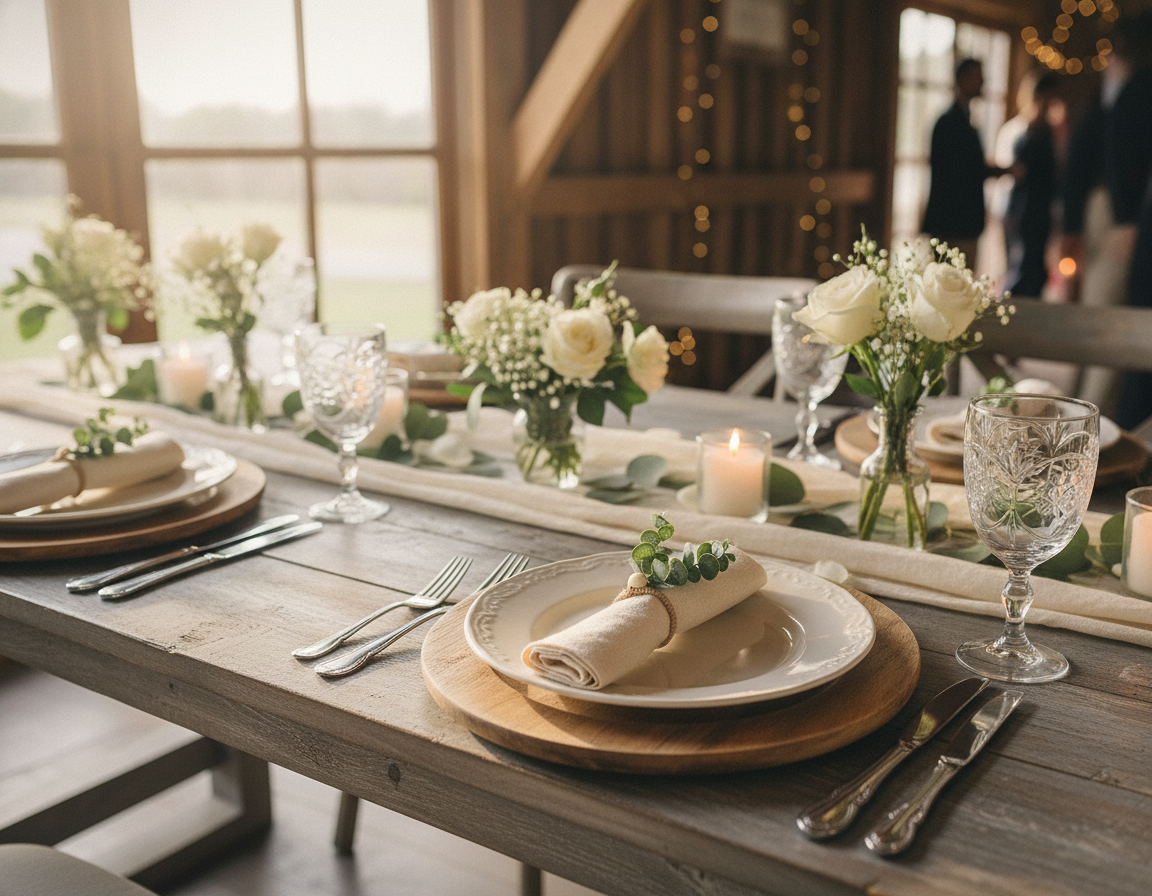 Farmhouse table with napkins each held by a eucalyptus napkin ring