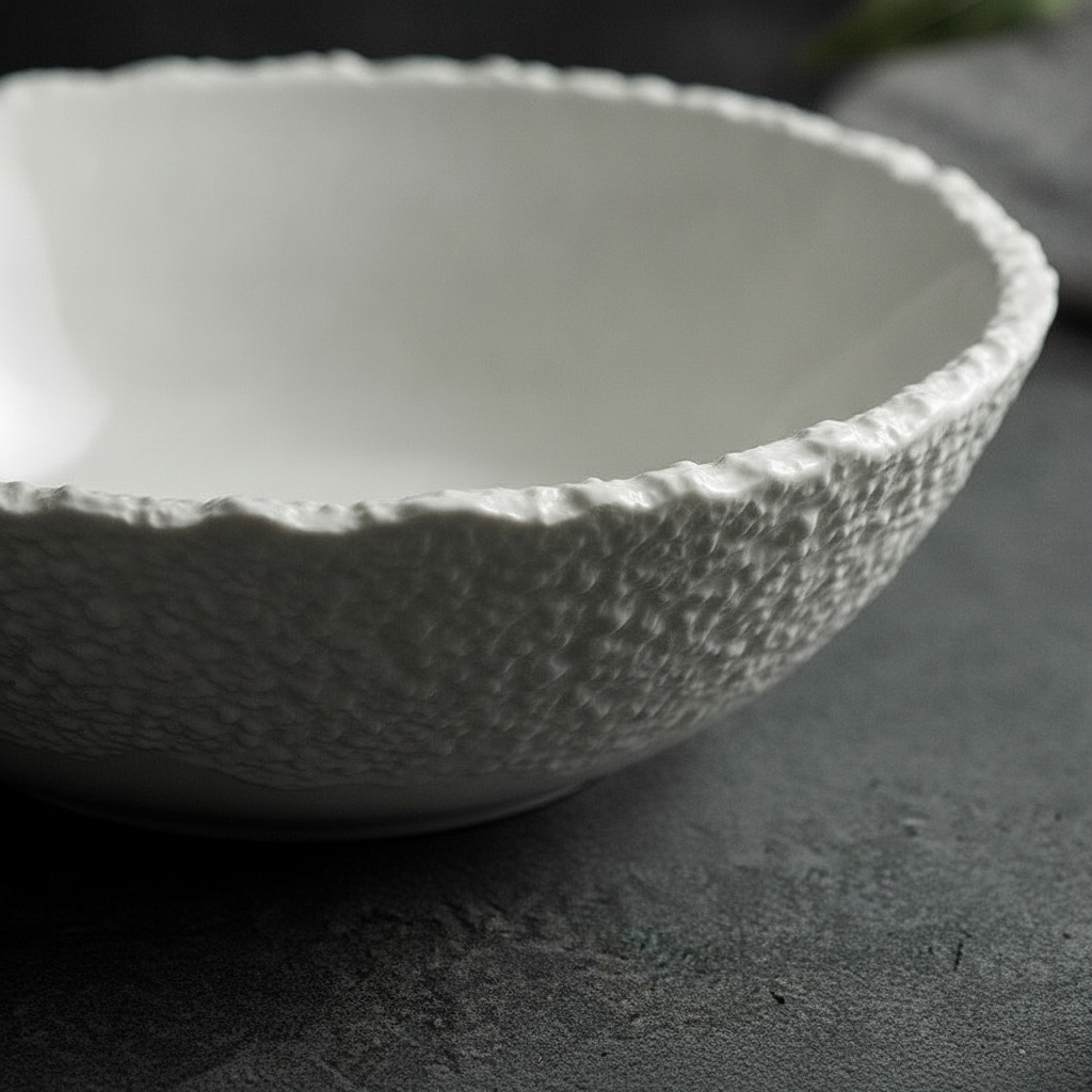 Macro of the rough stone-textured wall and jagged pointed rim of the Vetta bowl